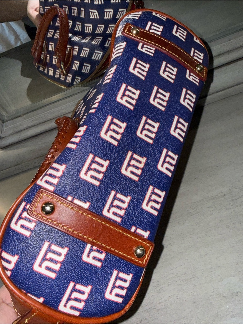 Dooney & Bourke Navy NY Giants Logo Satchel with Brown Trim and Red Interior - Picture 8 of 14
